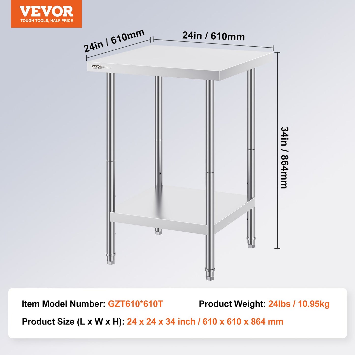 Stainless Steel Prep Table, 24 x 24 x 34 Inch, 700 lbs Load Capacity, Heavy Duty Metal Worktable with 3 Adjustable Height Levels, Commercial Workstation for Kitchen Garage Restaurant Backyard