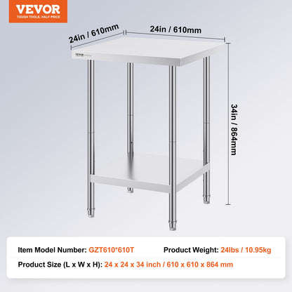 Stainless Steel Prep Table, 24 x 24 x 34 Inch, 700 lbs Load Capacity, Heavy Duty Metal Worktable with 3 Adjustable Height Levels, Commercial Workstation for Kitchen Garage Restaurant Backyard