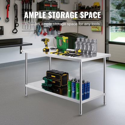 Stainless Steel Prep Table, 30 x 60 x 34 Inch, 910 lbs Load Capacity, Heavy Duty Metal Worktable with 3 Adjustable Height Levels, Commercial Workstation for Kitchen Garage Restaurant Backyard