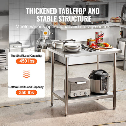 24 x 36 x 36 Inch Stainless Steel Work Table, Commercial Food Prep Worktable Heavy Duty Prep Worktable, Metal Work Table with Adjustable Height for Restaurant, Home and Hotel