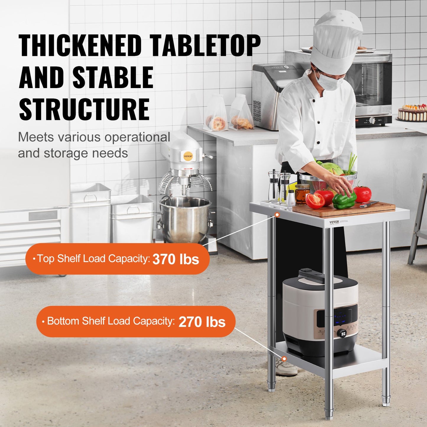 Stainless Steel Prep Table, 24 x 18 x 34 Inch, 640 lbs Load Capacity, Heavy Duty Metal Worktable with 3 Adjustable Height Levels, Commercial Workstation for Kitchen Garage Restaurant Backyard