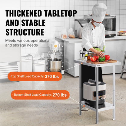 Stainless Steel Prep Table, 24 x 18 x 34 Inch, 640 lbs Load Capacity, Heavy Duty Metal Worktable with 3 Adjustable Height Levels, Commercial Workstation for Kitchen Garage Restaurant Backyard