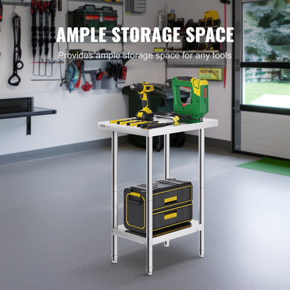 Stainless Steel Prep Table, 24 x 18 x 34 Inch, 640 lbs Load Capacity, Heavy Duty Metal Worktable with 3 Adjustable Height Levels, Commercial Workstation for Kitchen Garage Restaurant Backyard