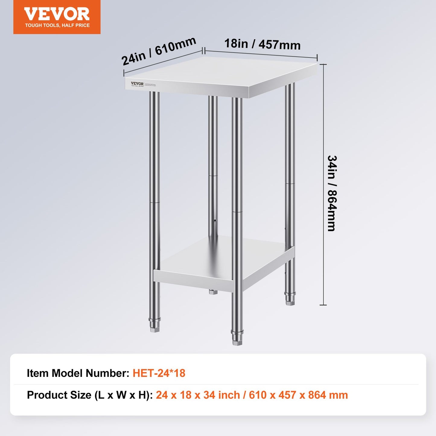 Stainless Steel Prep Table, 24 x 18 x 34 Inch, 640 lbs Load Capacity, Heavy Duty Metal Worktable with 3 Adjustable Height Levels, Commercial Workstation for Kitchen Garage Restaurant Backyard