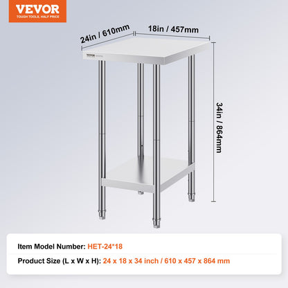 Stainless Steel Prep Table, 24 x 18 x 34 Inch, 640 lbs Load Capacity, Heavy Duty Metal Worktable with 3 Adjustable Height Levels, Commercial Workstation for Kitchen Garage Restaurant Backyard