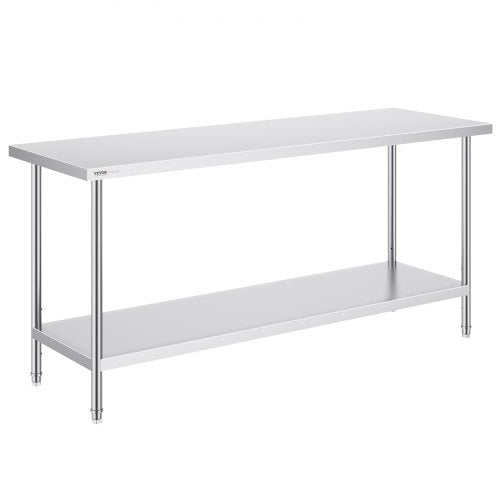 Stainless Steel Prep Table, 24 x 72 x 34 Inch, 880 lbs Load Capacity, Heavy Duty Metal Worktable with 3 Adjustable Height Levels, Commercial Workstation for Kitchen Garage Restaurant Backyard