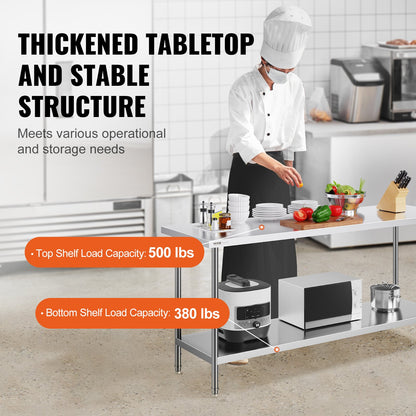 Stainless Steel Prep Table, 24 x 72 x 34 Inch, 880 lbs Load Capacity, Heavy Duty Metal Worktable with 3 Adjustable Height Levels, Commercial Workstation for Kitchen Garage Restaurant Backyard