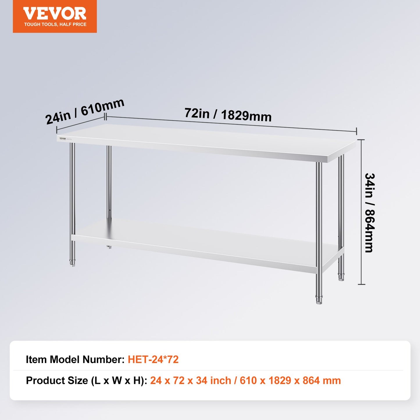Stainless Steel Prep Table, 24 x 72 x 34 Inch, 880 lbs Load Capacity, Heavy Duty Metal Worktable with 3 Adjustable Height Levels, Commercial Workstation for Kitchen Garage Restaurant Backyard