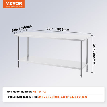 Stainless Steel Prep Table, 24 x 72 x 34 Inch, 880 lbs Load Capacity, Heavy Duty Metal Worktable with 3 Adjustable Height Levels, Commercial Workstation for Kitchen Garage Restaurant Backyard