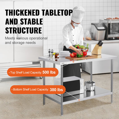 Stainless Steel Prep Table, 30 x 48 x 34 Inch, 880 lbs Load Capacity, Heavy Duty Metal Worktable with 3 Adjustable Height Levels, Commercial Workstation for Kitchen Garage Restaurant Backyard