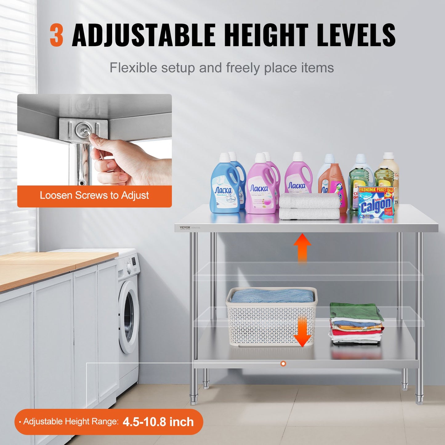 Stainless Steel Prep Table, 30 x 48 x 34 Inch, 880 lbs Load Capacity, Heavy Duty Metal Worktable with 3 Adjustable Height Levels, Commercial Workstation for Kitchen Garage Restaurant Backyard