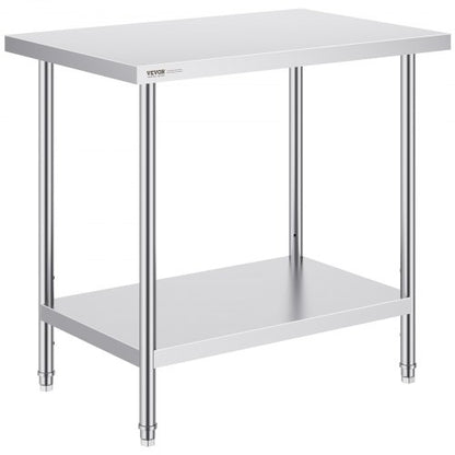 Stainless Steel Prep Table, 24 x 36 x 34 Inch, 750 lbs Load Capacity, Heavy Duty Metal Worktable with 3 Adjustable Height Levels, Commercial Workstation for Kitchen Garage Restaurant Backyard