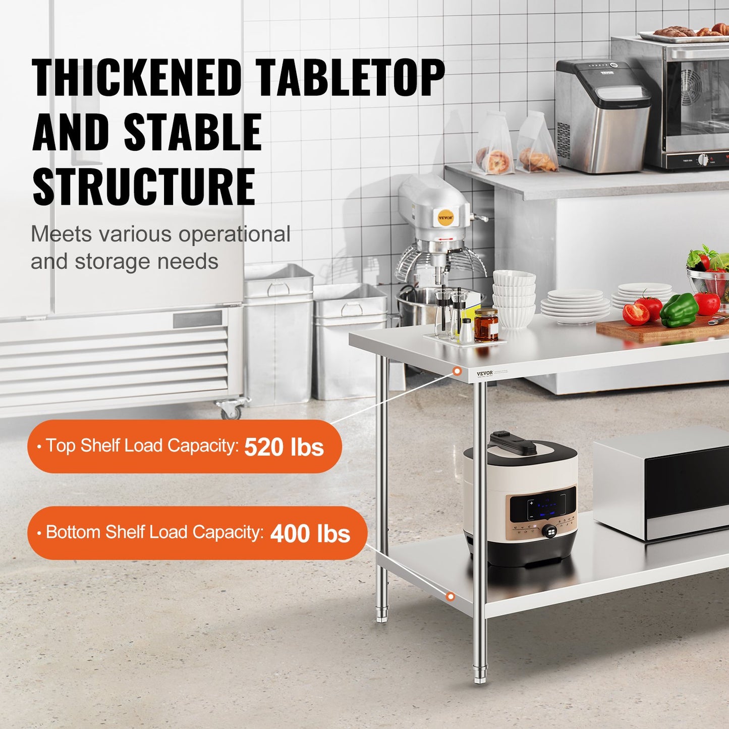 Stainless Steel Prep Table, 30 x 72 x 34 Inch, 920 lbs Load Capacity, Heavy Duty Metal Worktable with 3 Adjustable Height Levels, Commercial Workstation for Kitchen Garage Restaurant Backyard