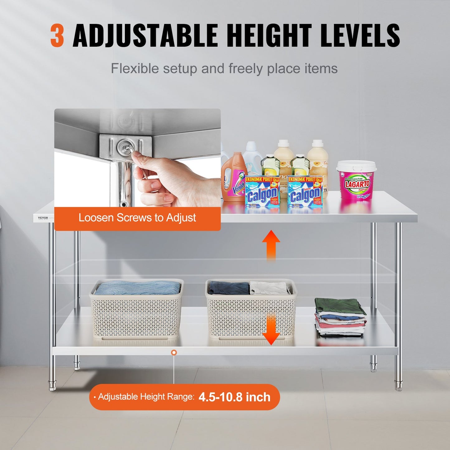 Stainless Steel Prep Table, 30 x 72 x 34 Inch, 920 lbs Load Capacity, Heavy Duty Metal Worktable with 3 Adjustable Height Levels, Commercial Workstation for Kitchen Garage Restaurant Backyard