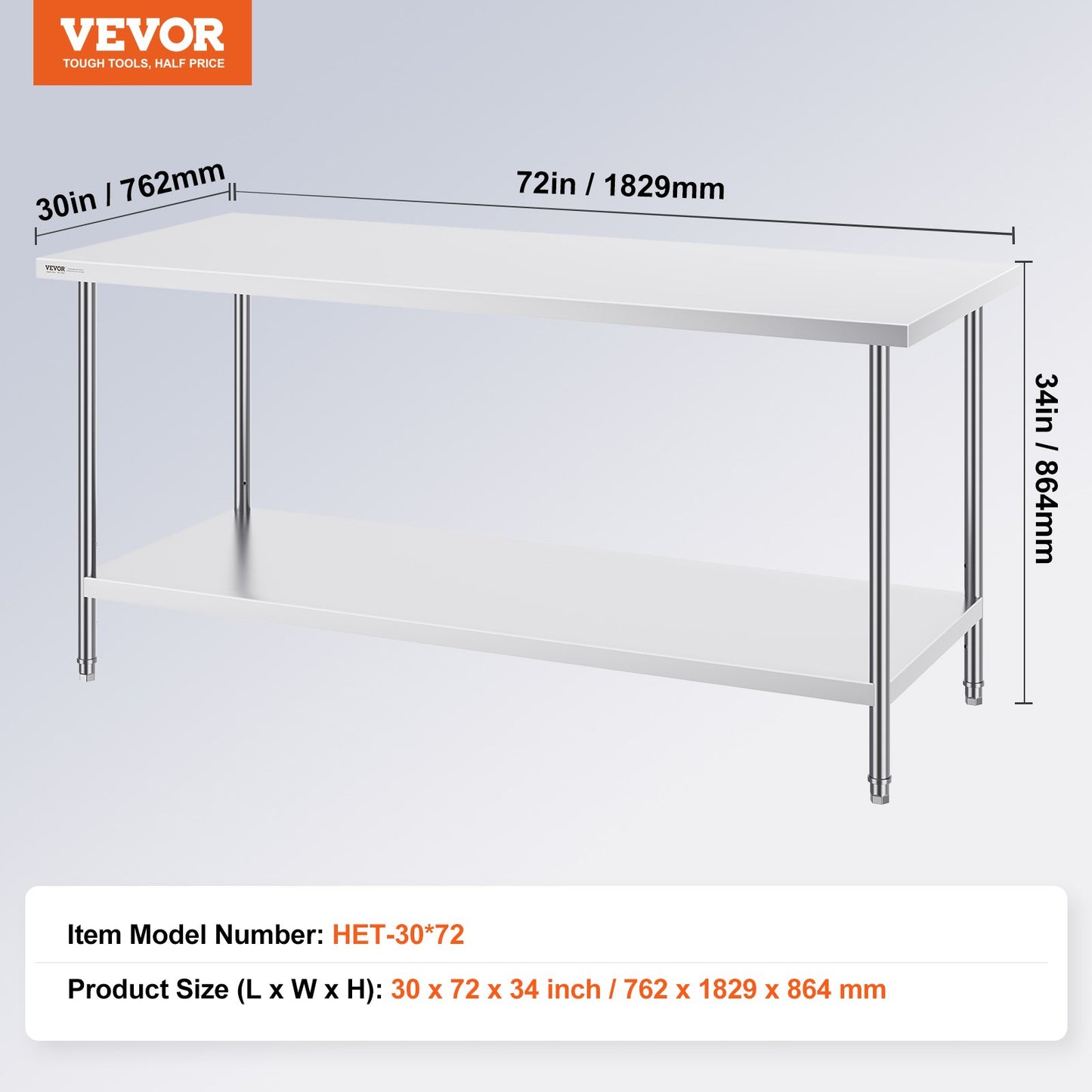 Stainless Steel Prep Table, 30 x 72 x 34 Inch, 920 lbs Load Capacity, Heavy Duty Metal Worktable with 3 Adjustable Height Levels, Commercial Workstation for Kitchen Garage Restaurant Backyard