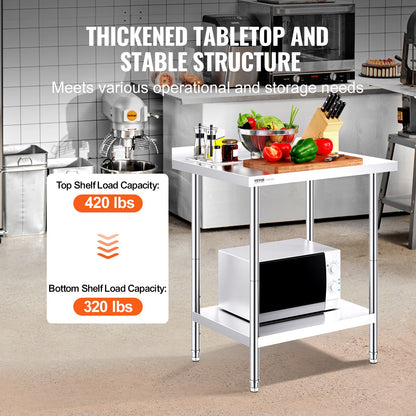 24 x 30 x 36 Inch Stainless Steel Work Table, Commercial Food Prep Worktable Heavy Duty Prep Worktable, Metal Work Table with Adjustable Height for Restaurant, Home and Hotel