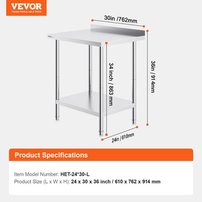 24 x 30 x 36 Inch Stainless Steel Work Table, Commercial Food Prep Worktable Heavy Duty Prep Worktable, Metal Work Table with Adjustable Height for Restaurant, Home and Hotel
