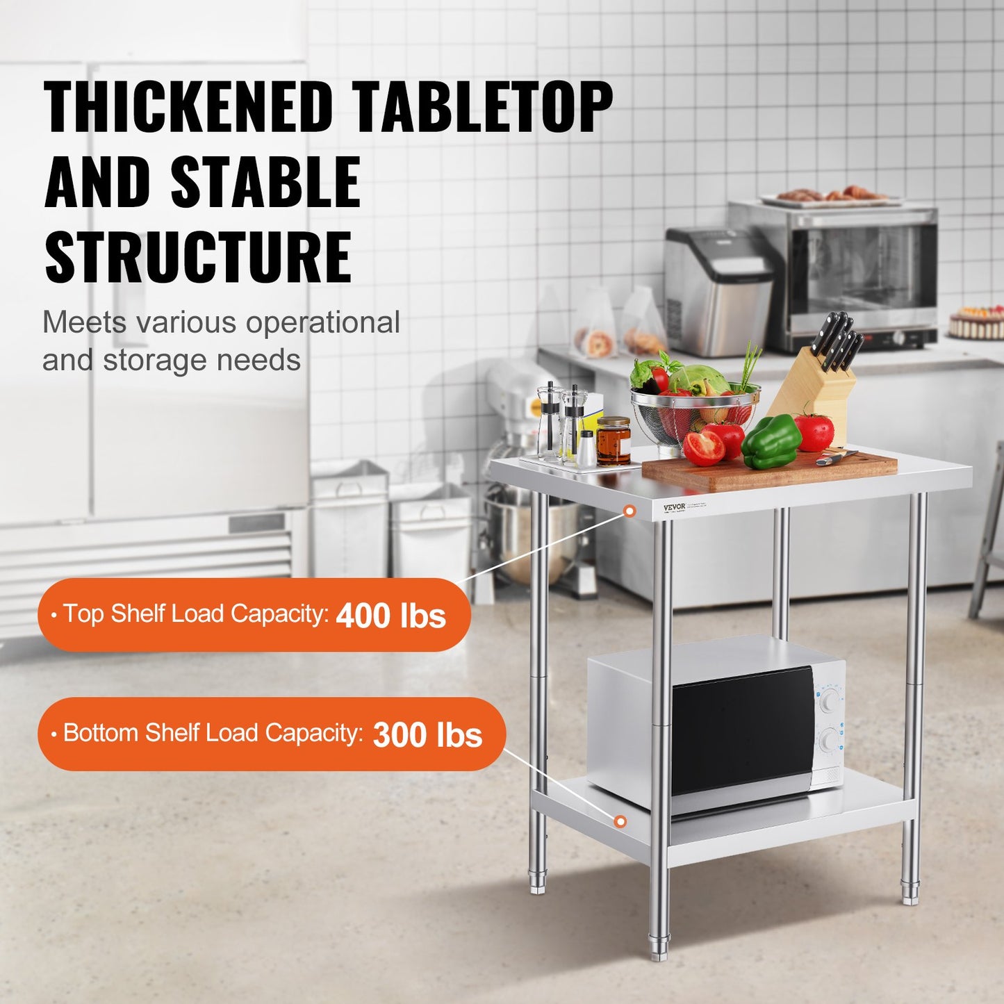 Stainless Steel Prep Table, 24 x 30 x 34 Inch, 700 lbs Load Capacity, Heavy Duty Metal Worktable with 3 Adjustable Height Levels, Commercial Workstation for Kitchen Garage Restaurant Backyard