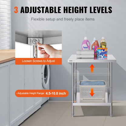 Stainless Steel Prep Table, 24 x 30 x 34 Inch, 700 lbs Load Capacity, Heavy Duty Metal Worktable with 3 Adjustable Height Levels, Commercial Workstation for Kitchen Garage Restaurant Backyard