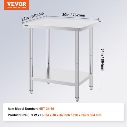 Stainless Steel Prep Table, 24 x 30 x 34 Inch, 700 lbs Load Capacity, Heavy Duty Metal Worktable with 3 Adjustable Height Levels, Commercial Workstation for Kitchen Garage Restaurant Backyard