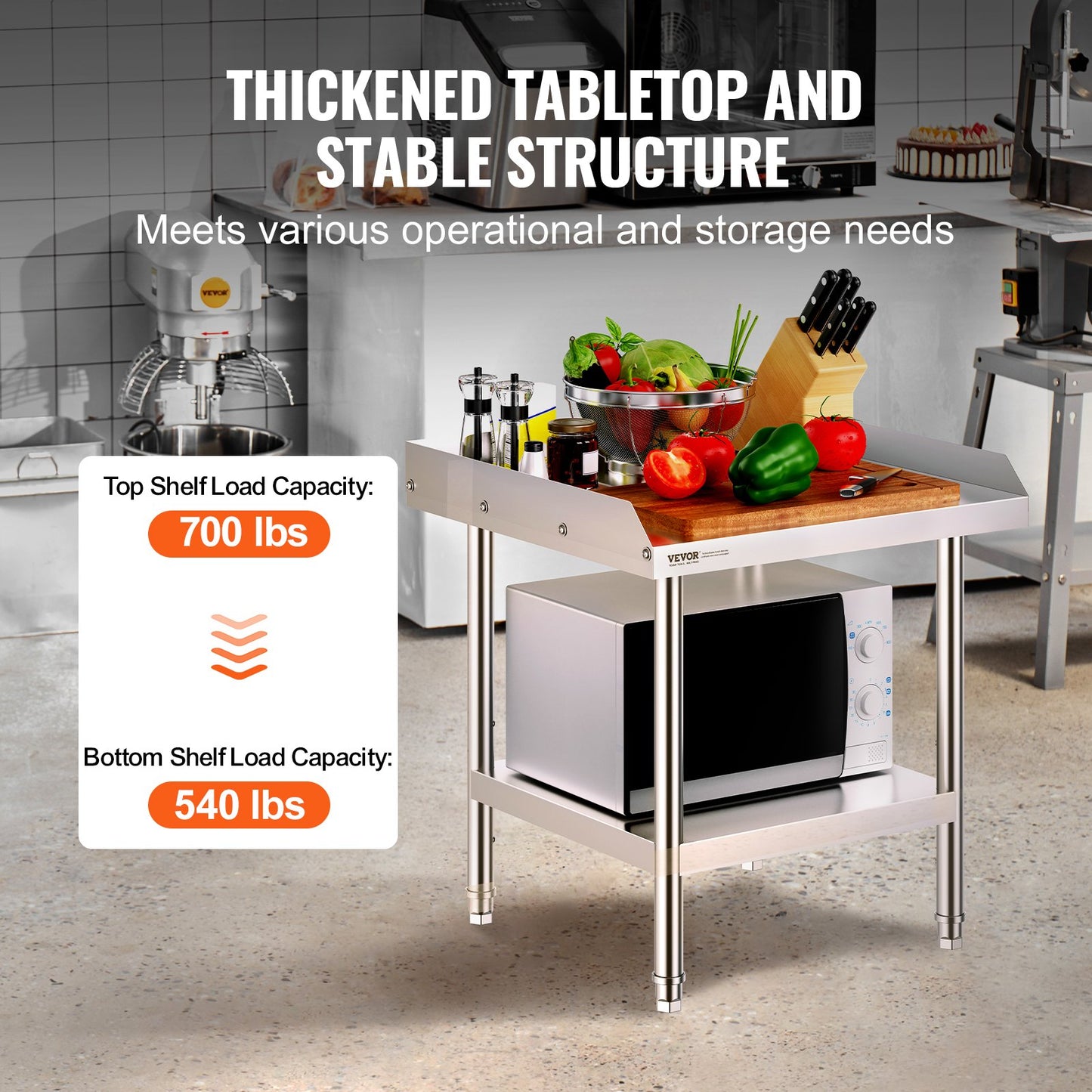 Stainless Steel Work Table, 24 x 24 x 26 Inch Commercial Food Prep Worktable, 3-Sided Backsplash Heavy Duty Prep Worktable, Metal Work Table with Adjustable Height for Restaurant Home Hotel