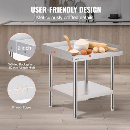 Stainless Steel Work Table, 24 x 24 x 26 Inch Commercial Food Prep Worktable, 3-Sided Backsplash Heavy Duty Prep Worktable, Metal Work Table with Adjustable Height for Restaurant Home Hotel