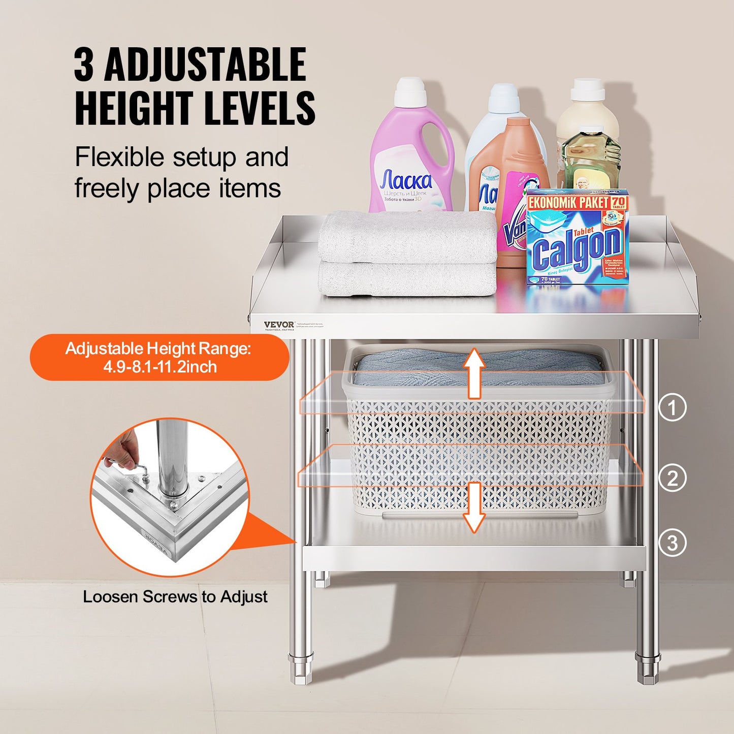 Stainless Steel Work Table, 24 x 28 x 26 Inch Commercial Food Prep Worktable, 3-Sided Backsplash Heavy Duty Prep Worktable, Metal Work Table with Adjustable Height for Restaurant Home Hotel