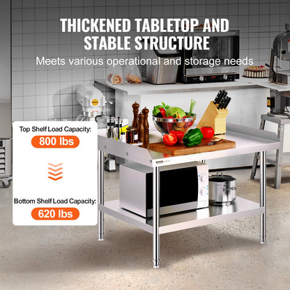 Stainless Steel Work Table, 30 x 36 x 26 Inch Commercial Food Prep Worktable, 3-Sided Backsplash Heavy Duty Prep Worktable, Metal Work Table with Adjustable Height for Restaurant Home Hotel