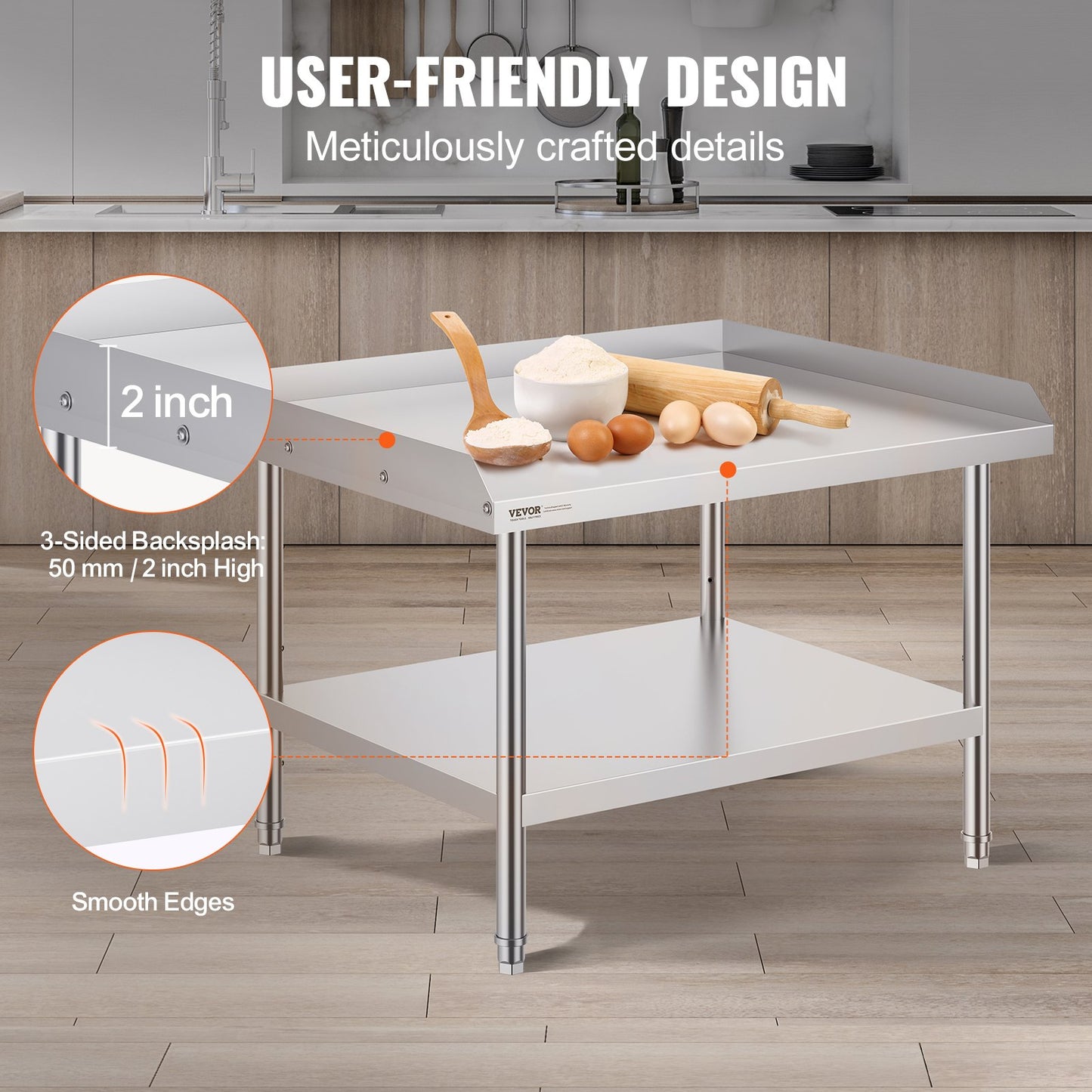 Stainless Steel Work Table, 30 x 36 x 26 Inch Commercial Food Prep Worktable, 3-Sided Backsplash Heavy Duty Prep Worktable, Metal Work Table with Adjustable Height for Restaurant Home Hotel