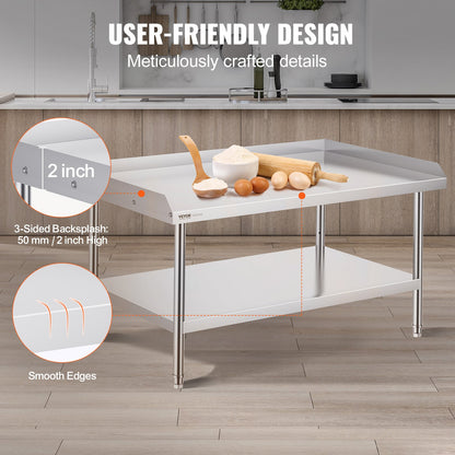 Stainless Steel Work Table, 30 x 48 x 26 Inch Commercial Food Prep Worktable, 3-Sided Backsplash Heavy Duty Prep Worktable, Metal Work Table with Adjustable Height for Restaurant Home Hotel