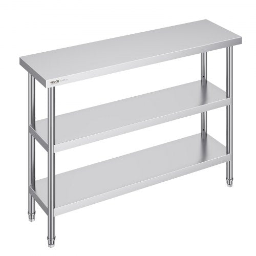 Stainless Steel Food Prep Table, 14 x 48 x 34 Inch Commercial Kitchen Worktable, with 2 Adjustable Undershelf, Heavy Duty Prep Table Metal Work Table for BBQ, Kitchen, Home, and Garage