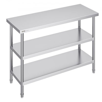 Stainless Steel Food Prep Table, 18 x 48 x 34 Inch Commercial Kitchen Worktable, with 2 Adjustable Undershelf, Heavy Duty Prep Table Metal Work Table for BBQ, Kitchen, Home, and Garage