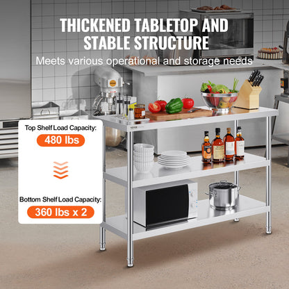 Stainless Steel Food Prep Table, 18 x 48 x 34 Inch Commercial Kitchen Worktable, with 2 Adjustable Undershelf, Heavy Duty Prep Table Metal Work Table for BBQ, Kitchen, Home, and Garage