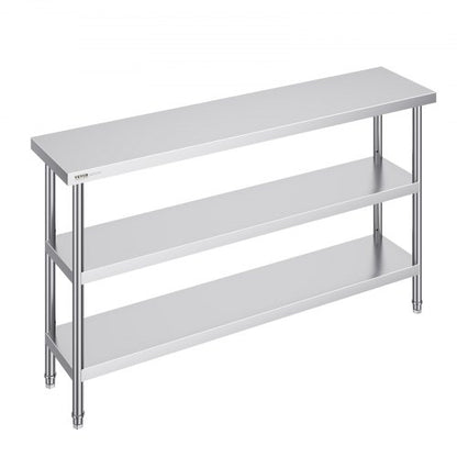Stainless Steel Food Prep Table, 14 x 60 x 34 Inch Commercial Kitchen Worktable, with 2 Adjustable Undershelf, Heavy Duty Prep Table Metal Work Table for BBQ, Kitchen, Home, and Garage