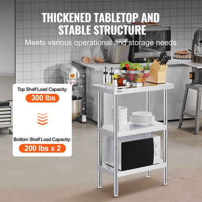 Stainless Steel Food Prep Table, 14 x 24 x 34 Inch Commercial Kitchen Worktable, with 2 Adjustable Undershelf, Heavy Duty Prep Table Metal Work Table for BBQ, Kitchen, Home, and Garage