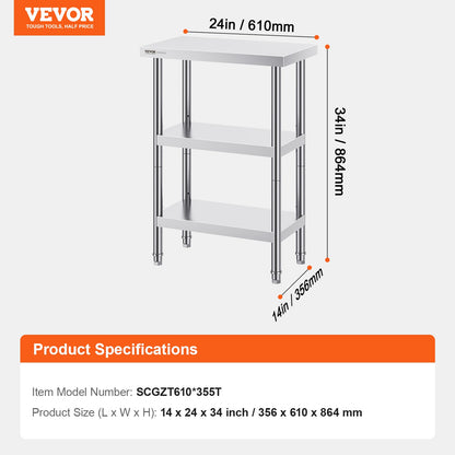 Stainless Steel Food Prep Table, 14 x 24 x 34 Inch Commercial Kitchen Worktable, with 2 Adjustable Undershelf, Heavy Duty Prep Table Metal Work Table for BBQ, Kitchen, Home, and Garage