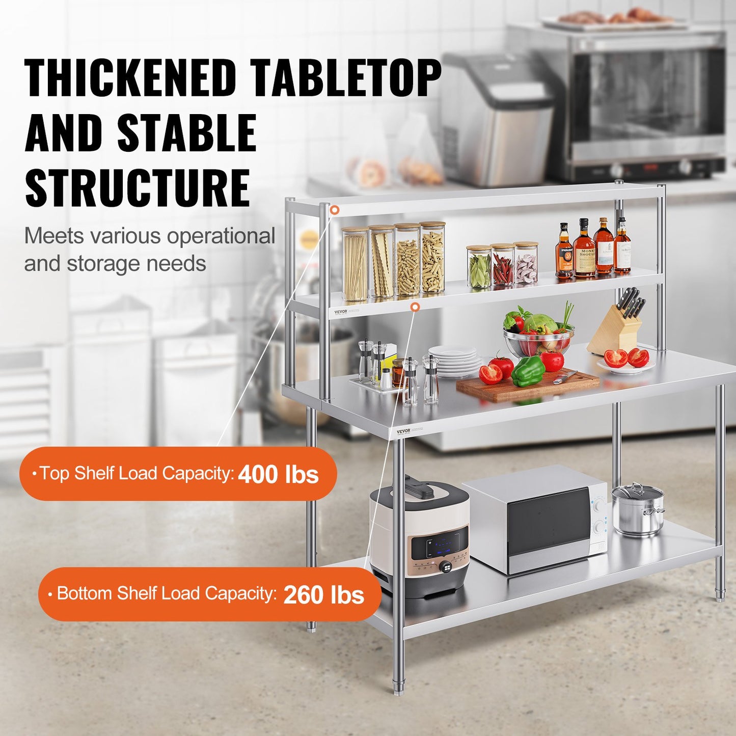 Double Overshelf, Double Tier Stainless Steel Overshelf, 12 x 60 Inch Double Deck Overshelf, Height Adjustable Overshelf Prep Work Table for Kitchen, Restaurant and Workshop