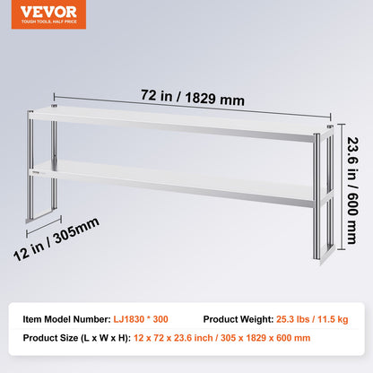 Double stainless steel overhead shelf 2-tier 12"x72" for prep table