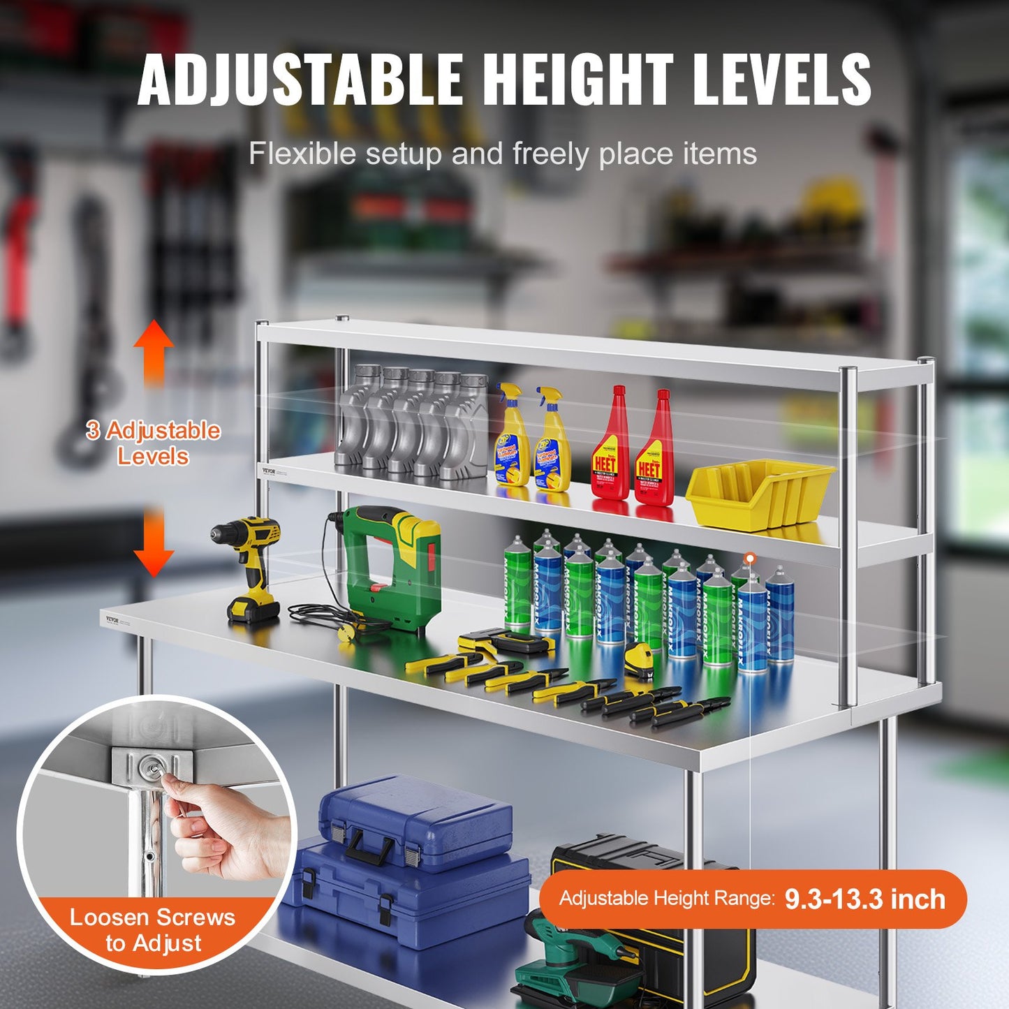 Double Overshelf, Double Tier Stainless Steel Overshelf, 12 x 72 Inch Double Deck Overshelf, Height Adjustable Overshelf Prep Work Table for Kitchen, Restaurant and Workshop