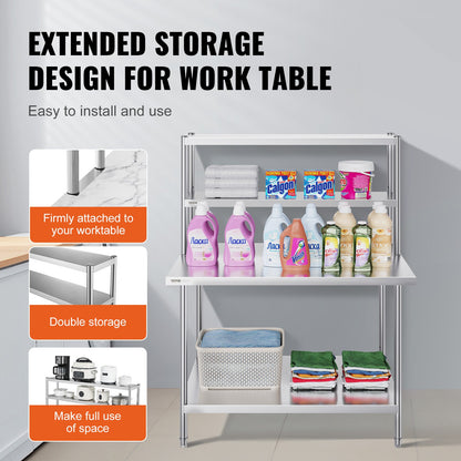 Double Overshelf, Double Tier Stainless Steel Overshelf, 12 x 48 Inch Double Deck Overshelf, Height Adjustable Overshelf Prep Work Table for Kitchen, Restaurant and Workshop