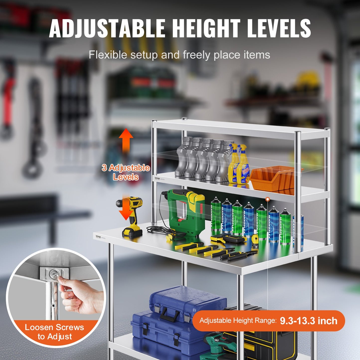 Double Overshelf, Double Tier Stainless Steel Overshelf, 12 x 48 Inch Double Deck Overshelf, Height Adjustable Overshelf Prep Work Table for Kitchen, Restaurant and Workshop