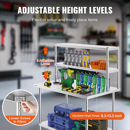 Double Overshelf, Double Tier Stainless Steel Overshelf, 12 x 48 Inch Double Deck Overshelf, Height Adjustable Overshelf Prep Work Table for Kitchen, Restaurant and Workshop