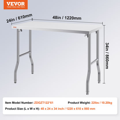 Folding Commercial Prep Table, 48 x 24 Inch Commercial Worktable Workstation, Heavy-duty Stainless Steel Folding Table with 300 lbs Load, Kitchen Work Table, for Home Kitchen Restaurant Garage