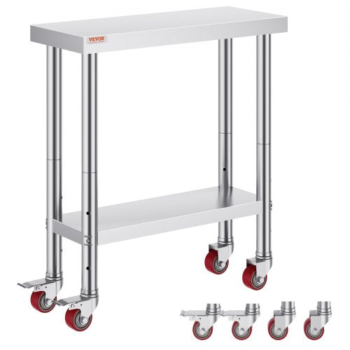 Stainless Steel Work Table 30 x 12 x 34 Inch, 700 LBS Load Capacity with 4 Wheels, 3 Adjustable Height Levels, Heavy Duty Food Prep Worktable for Commercial Kitchen Restaurant, Silver