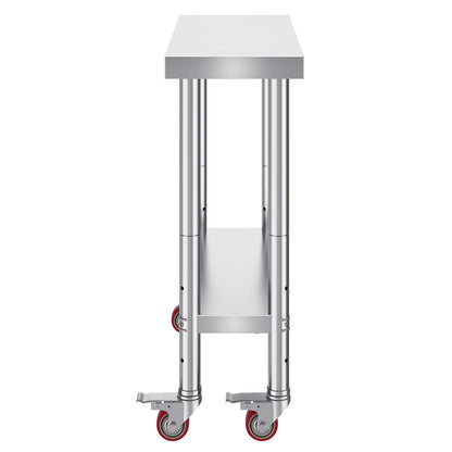 Rostfritt stål Catering Arbetsbord 30x12 tum Kommersiellt köksbord med 4 hjul Kommersiell matberedningsarbetsbänk med flexibel justering Hylla för köksbord