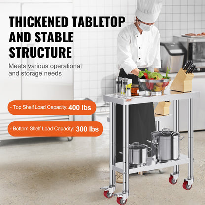 Stainless Steel Work Table 30 x 12 x 34 Inch, 700 LBS Load Capacity with 4 Wheels, 3 Adjustable Height Levels, Heavy Duty Food Prep Worktable for Commercial Kitchen Restaurant, Silver