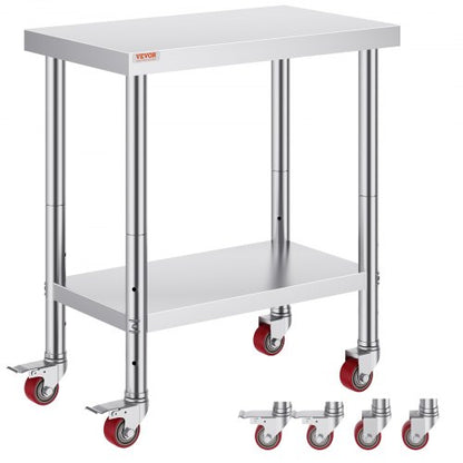 Stainless Steel Work Table 30 x 18 x 34 Inch, 700 LBS Load Capacity with 4 Wheels, 3 Adjustable Height Levels, Heavy Duty Food Prep Worktable for Commercial Kitchen Restaurant, Silver