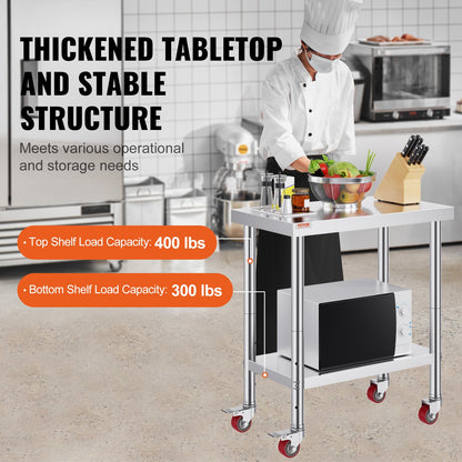 Stainless Steel Work Table 30 x 18 x 34 Inch, 700 LBS Load Capacity with 4 Wheels, 3 Adjustable Height Levels, Heavy Duty Food Prep Worktable for Commercial Kitchen Restaurant, Silver