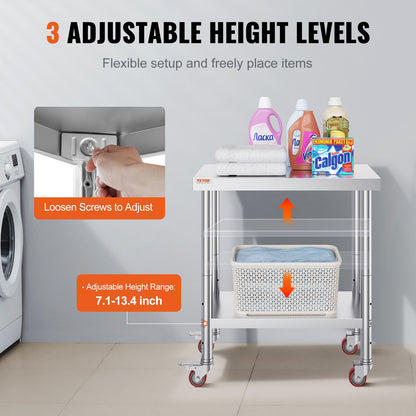 Stainless Steel Work Table 30 x 18 x 34 Inch, 700 LBS Load Capacity with 4 Wheels, 3 Adjustable Height Levels, Heavy Duty Food Prep Worktable for Commercial Kitchen Restaurant, Silver