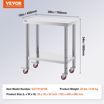 Stainless Steel Work Table 30 x 18 x 34 Inch, 700 LBS Load Capacity with 4 Wheels, 3 Adjustable Height Levels, Heavy Duty Food Prep Worktable for Commercial Kitchen Restaurant, Silver